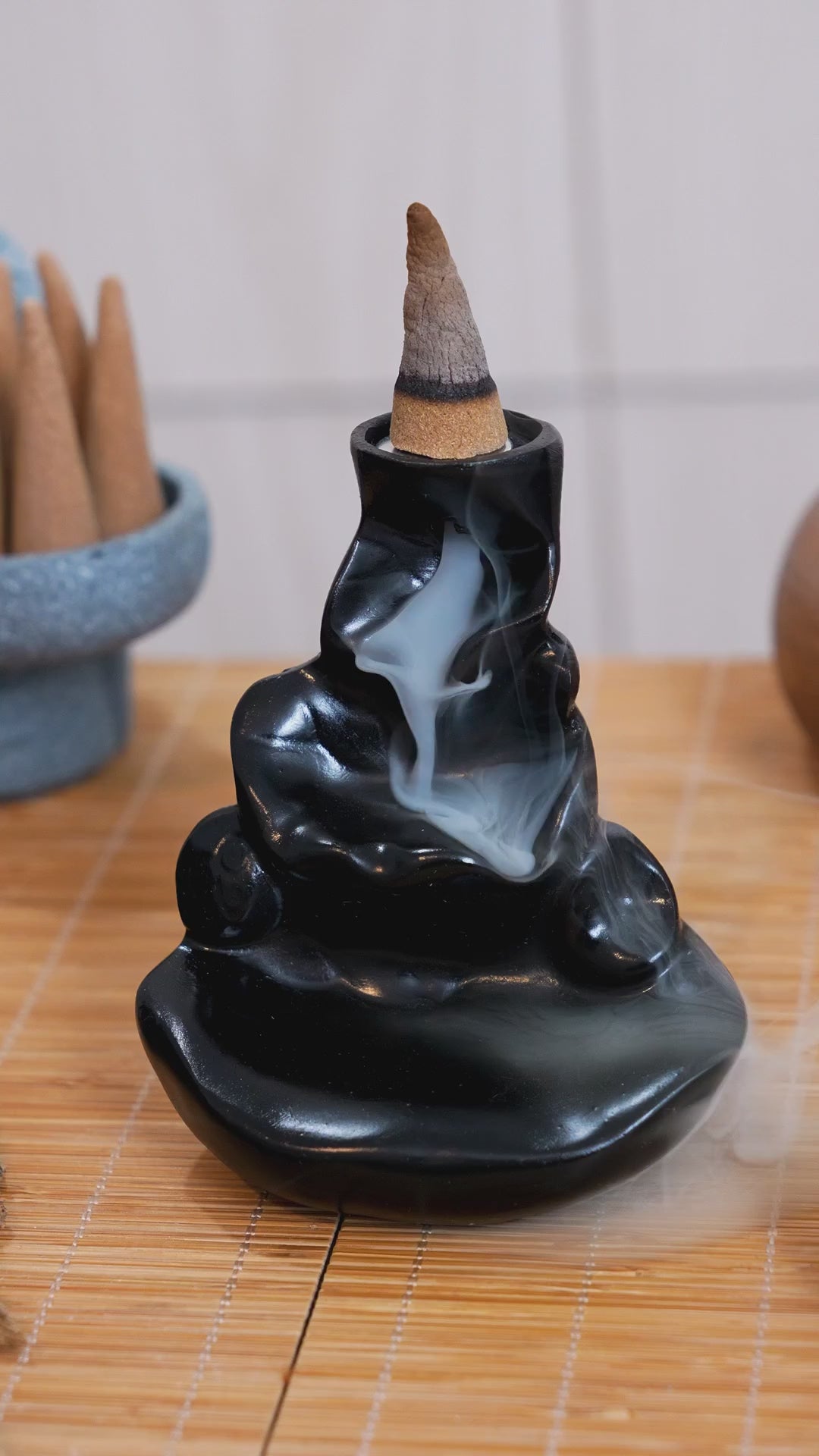 Backflow Incense Burner | Black Resin Waterfall Cone Burner | Free Agarwood Cones