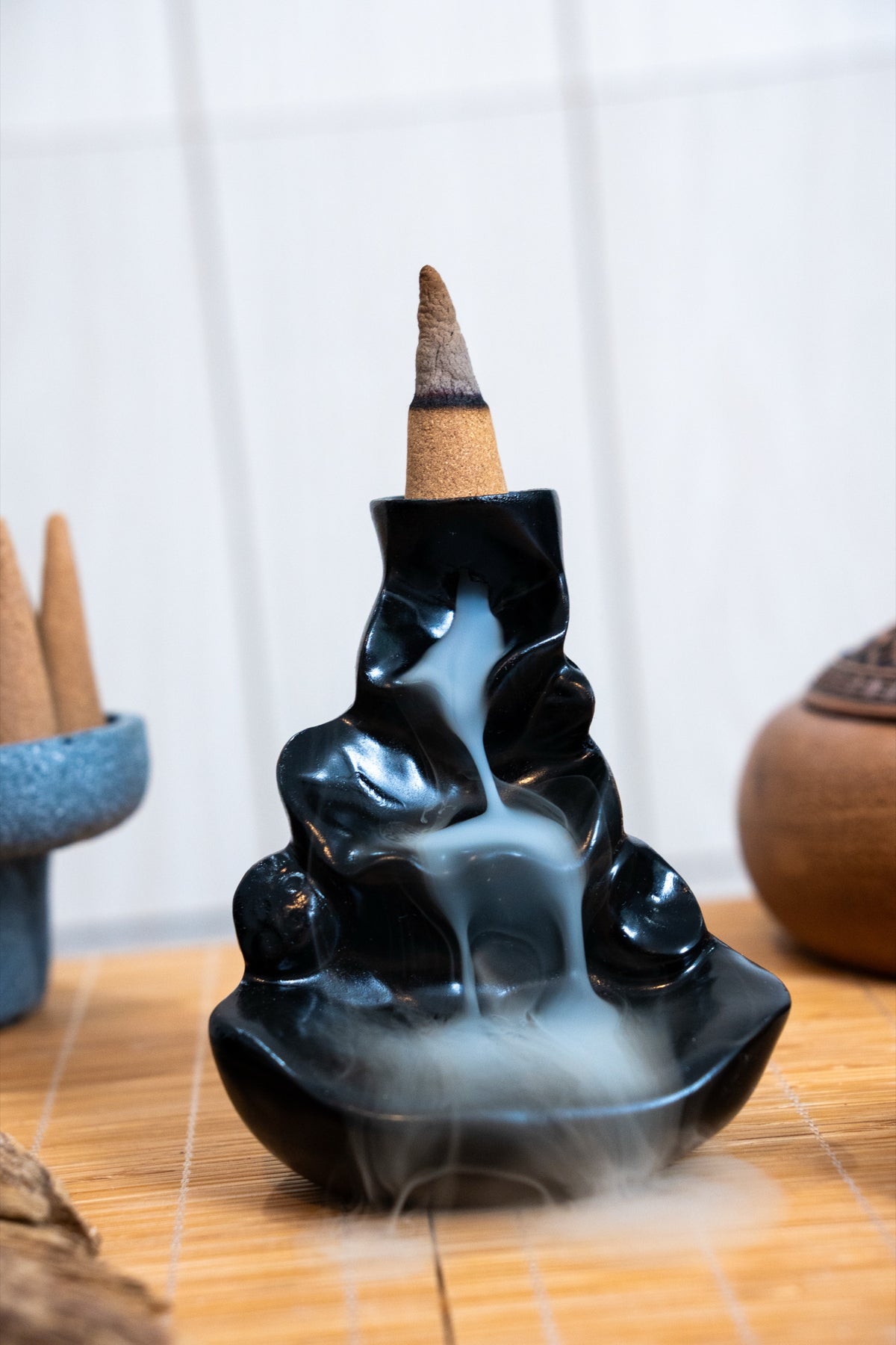 Backflow Incense Burner | Black Resin Waterfall Cone Burner | Free Agarwood Cones